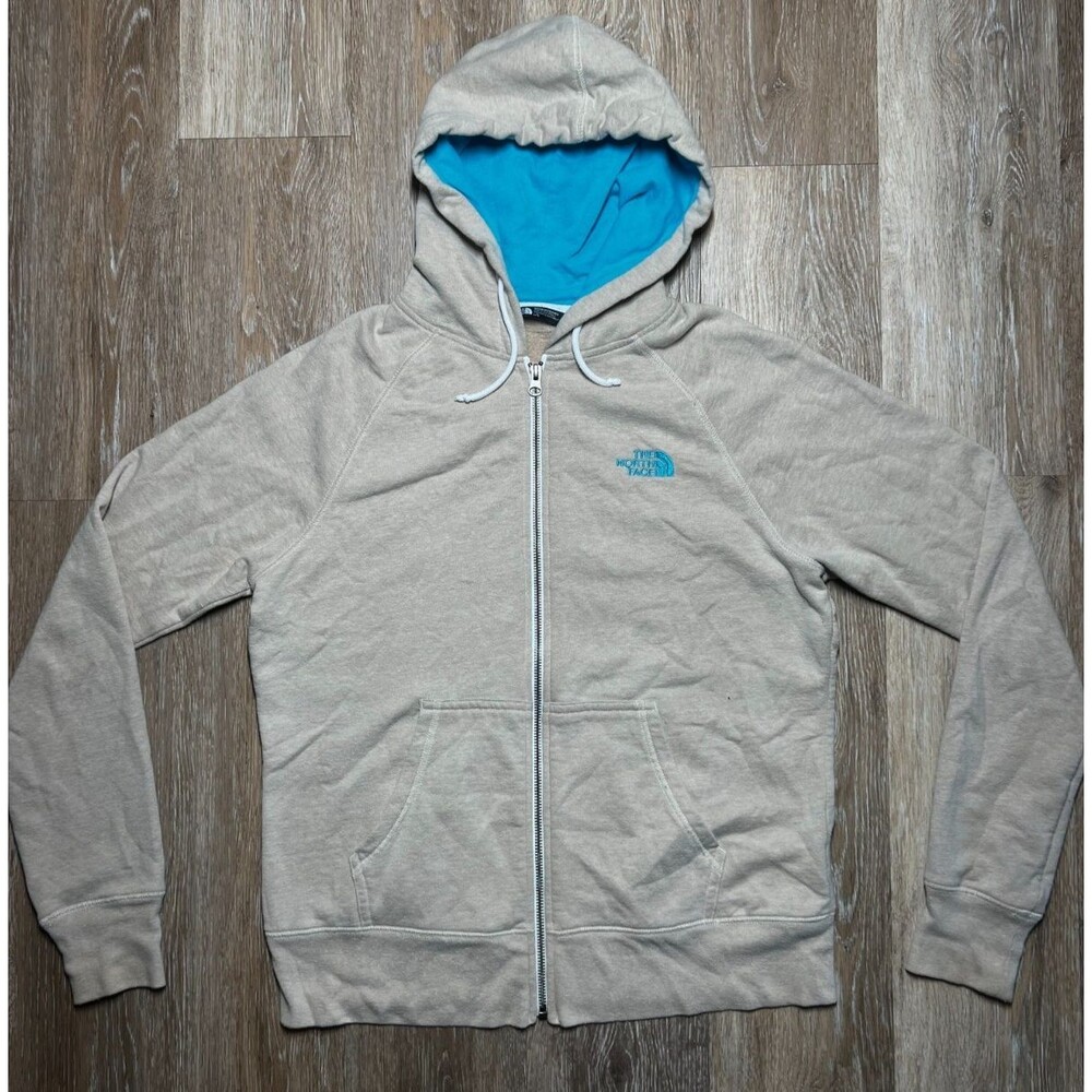 North Face Womans Zip-Up Jacket Beige with Blue Accent